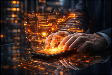 Futuristic digital technology, a person's hands touching a holographic interface, data streams and glowing circuits on a dark background