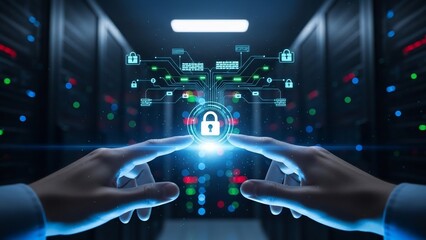 Cybersecurity and data protection in a server room with glowing hands and padlock icon.