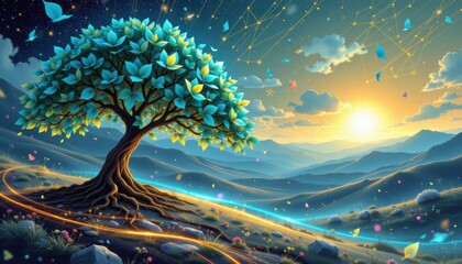 A surreal dreamscape where a majestic, glowing tree of prosperity dominates the left side of the canvas