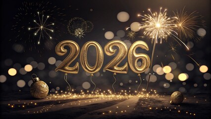 Golden 2026 balloons and sparklers on a dark surface with bokeh lights and Christmas ornaments