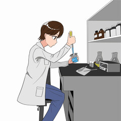 実験している女性を横から見たイラスト