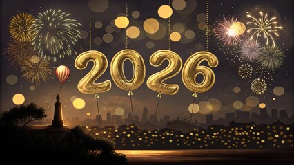 Golden balloon numbers 2026 floating over a city skyline with fireworks and a lighthouse at night