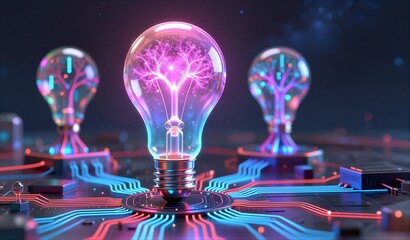 Neon lightbulbs glow on circuit board, symbolizing innovation and futuristic technology.