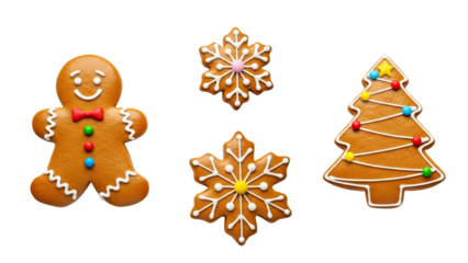Festive gingerbread man, snowflake cookies, and Christmas tree treats on transparent background, PNG clip art collection perfect for holiday baking designs, winter celebrations, and seasonal decor 