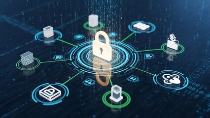 Cybersecurity network with padlock and data icons, digital security concept.