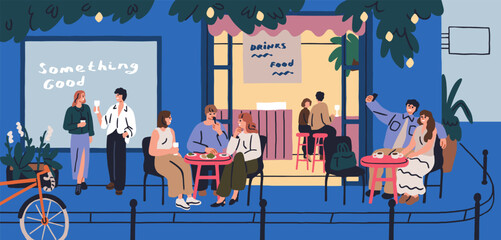 Cafe terrace in evening. People sitting in chairs, eating, relaxing at dining tables outside. Cozy bar, restaurant at night, couple and friends at leisure at urban street. Flat vector illustration