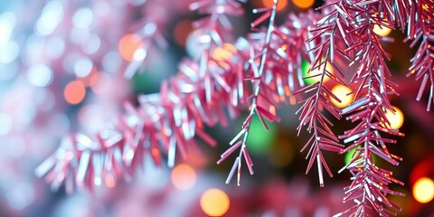 Shimmering tinsel strands blur into abstract bokeh, creating a festive, ethereal atmosphere,  background,  festive