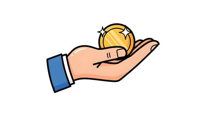 Clean vector illustration of a human hand presenting a shiny gold coin, symbolizing financial transactions, reward, banking, or wealth accumulation in a simple graphic style