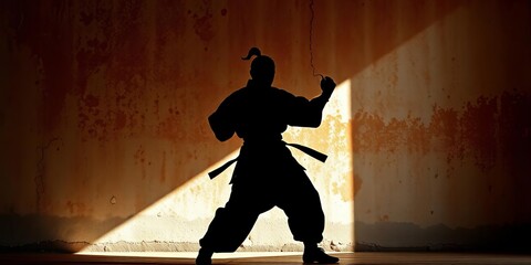 Silhouetted martial arts figure against a weathered wall,  wisdom,  texture