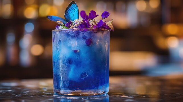 Vibrant blue cocktail with butterfly and flowers, bar setting, blurred background