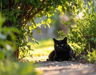 Black cat resting under greenery in a sunlit outdoor pathway