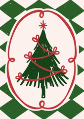 Whimsical Christmas vector card. Vintage retro holidays print design with Christmas tree illustration in coquette frame on checkered background