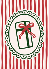 Whimsical Christmas vector card. Vintage retro holidays print design with gift illustration in coquette frame on striped background