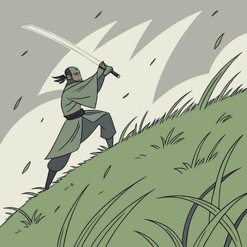 A anime scene of a man slashing a sword on a green hill - silhouette of a person in the mountains