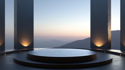 Minimalist stage design with black circular podium and wall of windows overlooking mountain range at dusk.