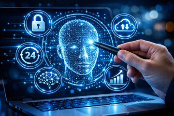 Empowering Digital Transformation Hand Interacting with AI on Laptop Screen, Highlighting Data Security, Cloud Computing, and Business Analytics for Future Growth