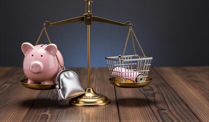 Pink piggy bank vs credit cards on scale, symbolizing financial balance and savings.