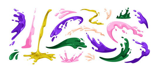 Liquid splashes, splatters set. Juice fluid spatters, squirts, dripping fruit and berry syrup, paint spill, spray in dynamic flow, motion. Flat vector illustration isolated on white background © Good Studio