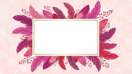 Vibrant pink feathers frame elegant gold border on soft pastel background