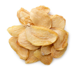 Pile of dried garlic on a white background. Top view