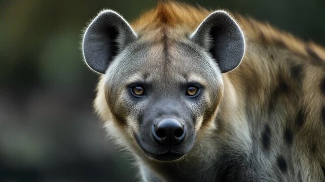 Cinematic macro shot of a wild spotted or striped hyena, capturing realistic fur texture and intense eyes in a dark, moody environment, AI generated.