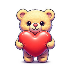 Adorable teddy bear holding red heart illustration on white background