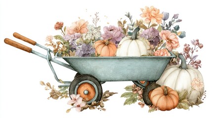 Watercolor wheelbarrow with autumn flowers and pumpkins. Clipart-style illustration, isolated on a white background, with pastel colors and cute designs