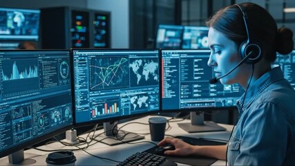 Woman Analyst Working with Data on Multiple Monitors in a Dark Control Room - Powered by Adobe
