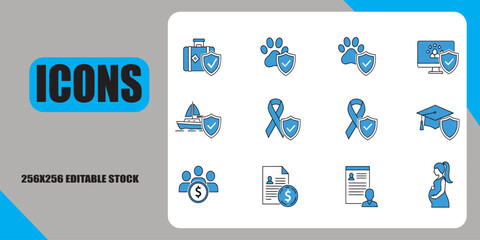 Set of blue and white insurance and security icons on a gray background