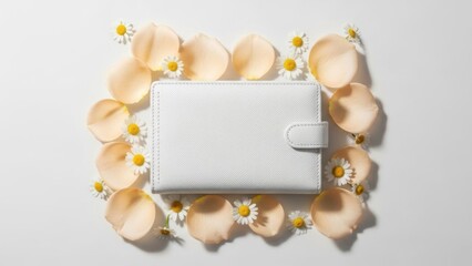 Elegant white leather wallet surrounded by delicate rose petals and daisies on white background