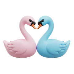 Obraz premium Two swans, one pink and one blue, facing each other with beaks touching, forming a heart shape against a white background.