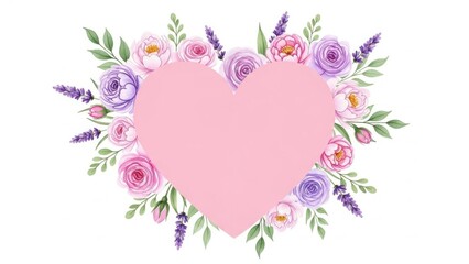 Beautiful pink heart surrounded by roses and lavender flowers