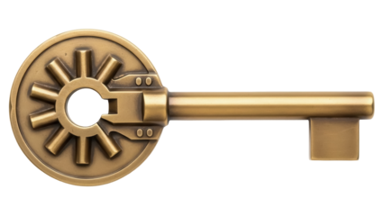 Ornate golden key isolated PNG on transparent background, antique style metal key for fantasy and steampunk design elements