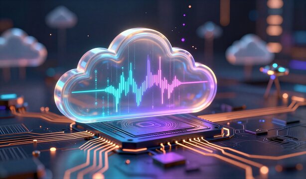 Futuristic cloud computing on glowing circuit board, data flow visualization in neon colors.