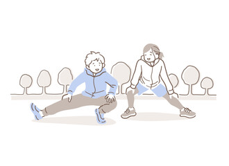 公園でストレッチをする男性と女性のイラスト素材