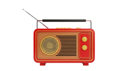 Vintage red and brown wooden radio with antenna on transparent background