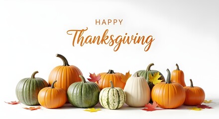 Happy Thanksgiving greeting with assorted pumpkins, gourds, and colorful autumn leaves on white background