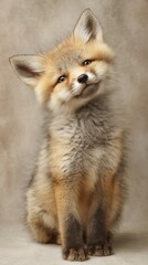 Obraz premium cute fluffy fox cub with head tilt, innocent emotion, pastel beige background, soft lighting