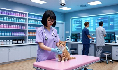 Vet examines tabby cat in futuristic clinic, monitors display health data on screens.