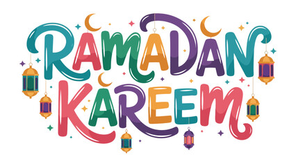 Ramadan Kareem Illustration: Colorful illustration that embodies the spirit of Ramadan, a time of reflection, generosity, and spiritual renewal, adorned with crescent moons and traditional lanterns.