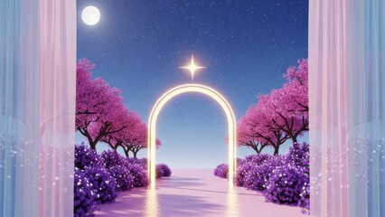 Magical glowing archway under starry night sky with blooming cherry blossoms