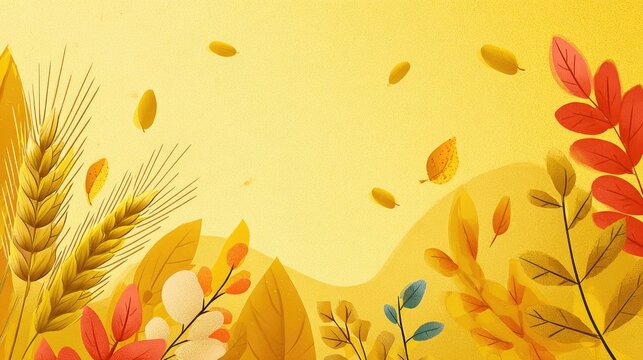 Poster background design with autumn harvest elements: wheat sheaves and vegetables on a yellow background, in the style of vector illustration