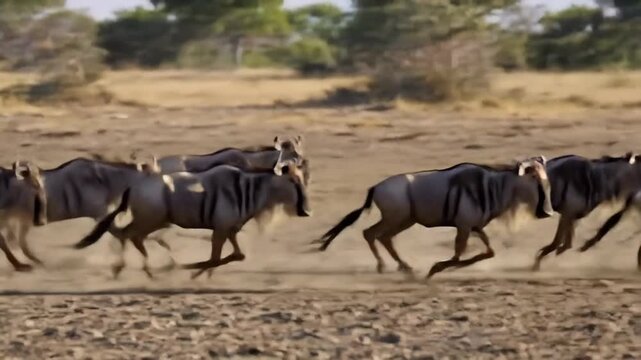 Herd of Wildebeest running across the African savanna in a wildlife scene, animal migration and African wildlife.