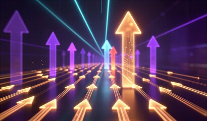 Neon arrows guide forward through digital tunnel, symbolizing progress and innovation in tech future.