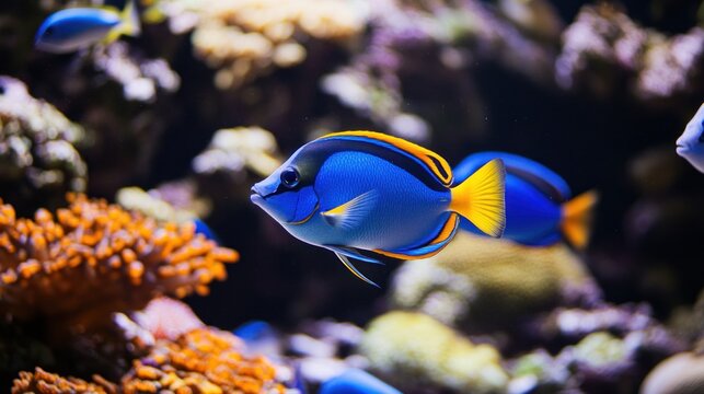 Vibrant blue fish swimming in a coral reef aquarium