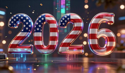 Shiny "2025" numbers adorned with American flag, glowing in futuristic city backdrop.