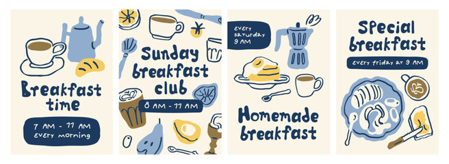 Custom blinds for kitchen with your photo Breakfast food, poster designs set. Dolce vita doodle sketch style, morning card templates for cafe offers with Italian coffee and snacks, scribbles, lettering, typography. Flat vector illustrations