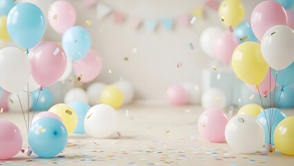 Pastel tone color balloons with shiny confetti and bunting decoration. Happy birthday party background with light colors and copy space for celebration invite.