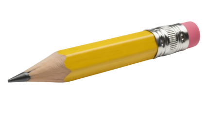 Short yellow pencil with pink eraser isolated PNG, school supply for writing and drawing on transparent background