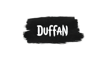 Duffan text on black background with white brush stroke